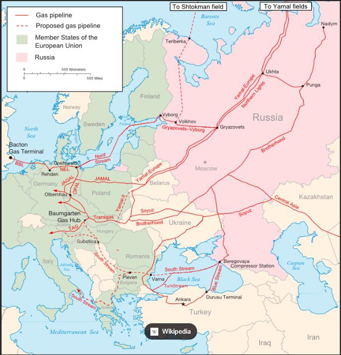 Landkarte mit Gaspipelines von Russland nach Deutschland