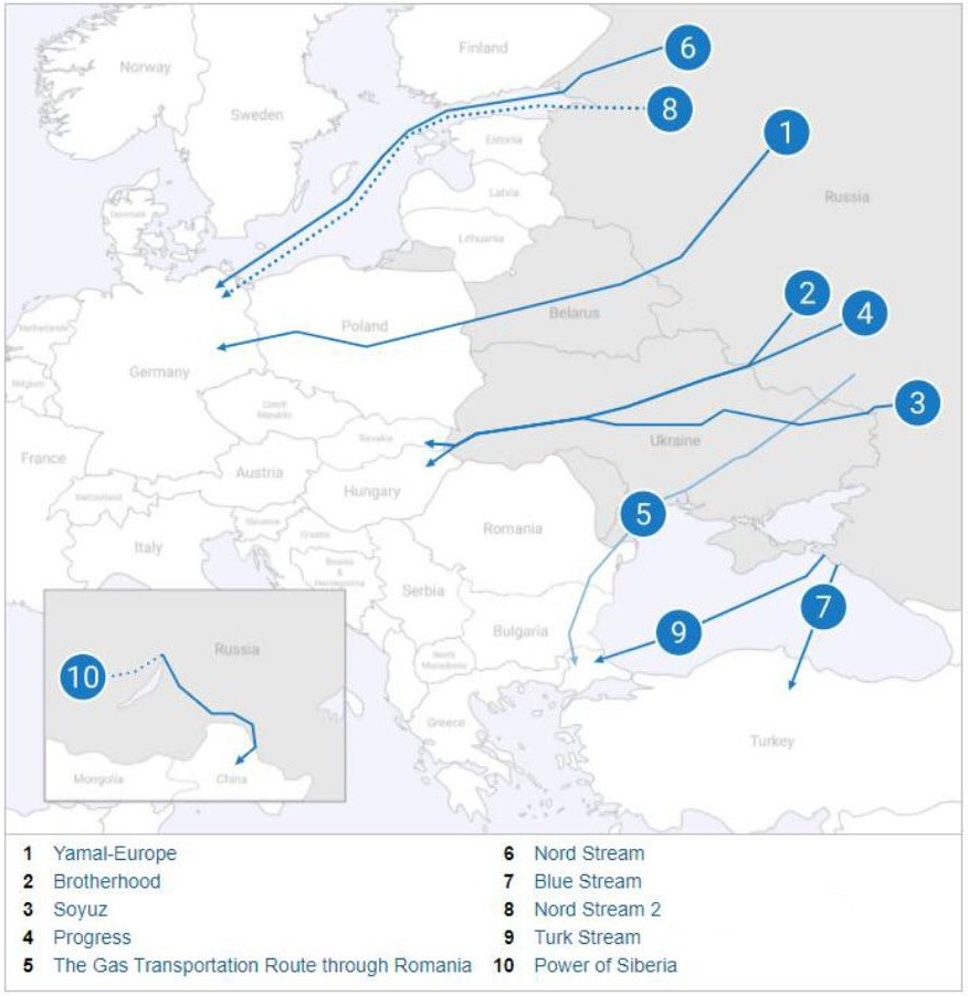 Landkarte mit Gaspipelines von Russland nach Europa