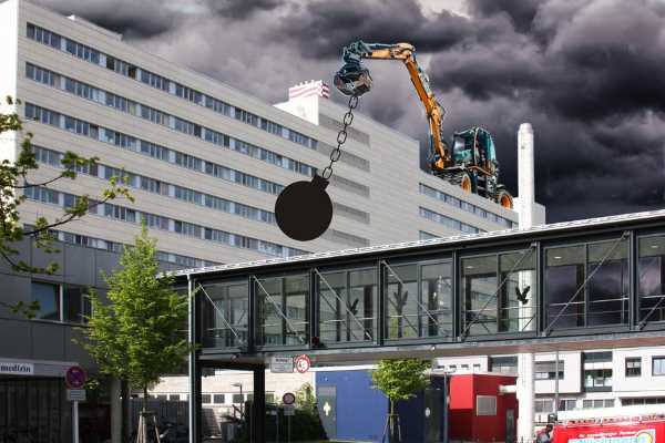 Fotomontage: Abrissbagger auf dem Krankenhaus Links der Weser